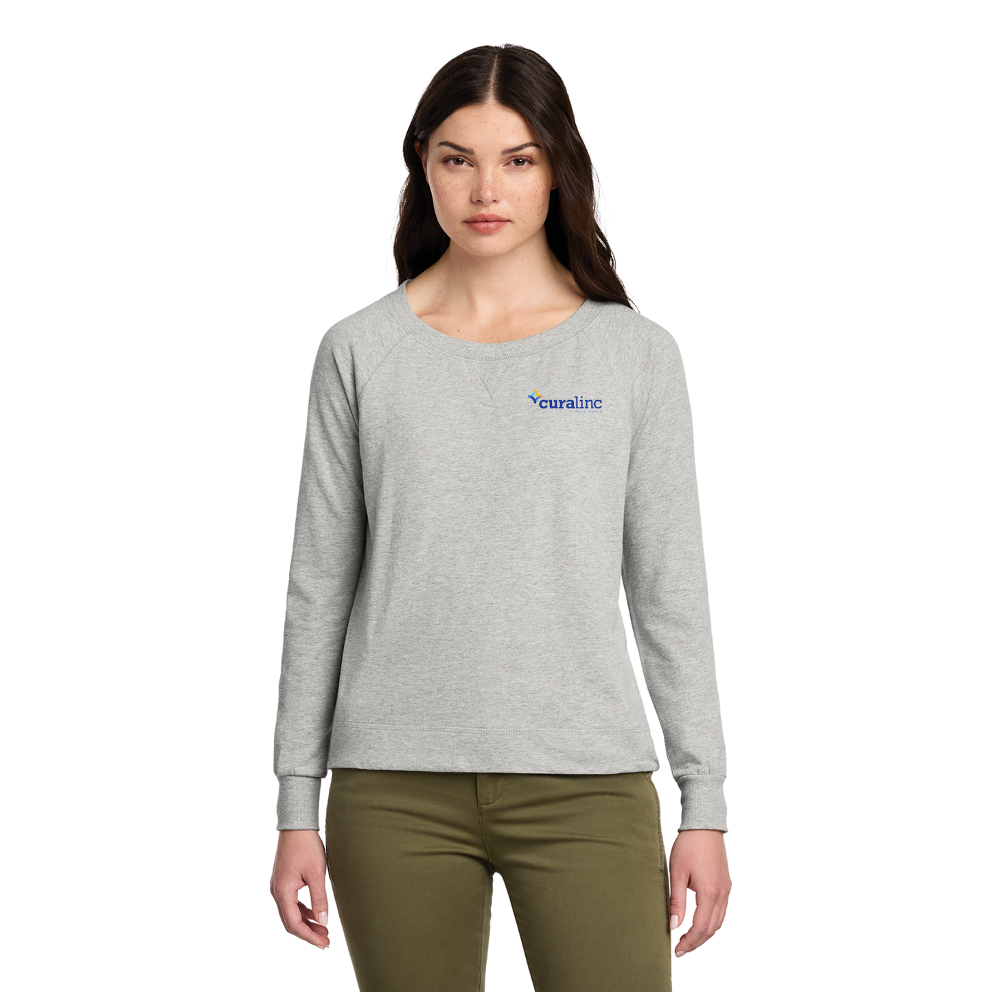 Ladies District French Terry Long Sleeve Crew -  Light Heather Grey
